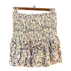 fab'rik Floral Smocked Mini Skirt Womens Large Multicolor Ruffle Tiered Boho L